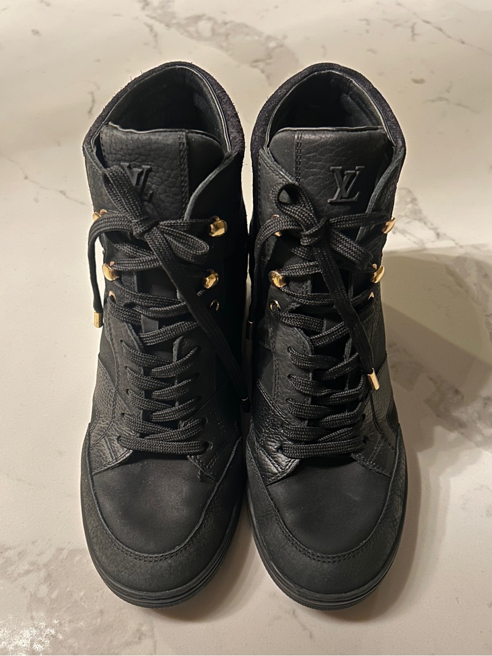 Louis Vuitton Black Lace-Up High-Top Boots with Gold Hardware